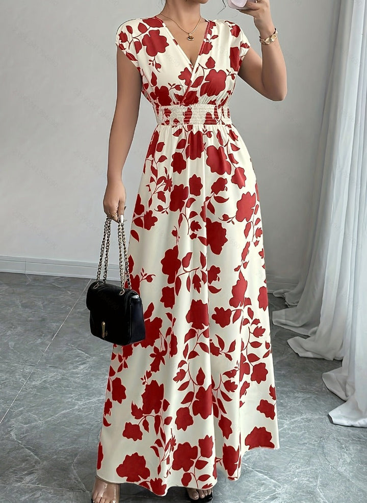 Даниела | Дълга цветна рокля с V-образно деколте